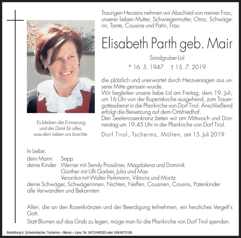  Traueranzeige für Elisabeth Parth vom 17.07.2019 aus Dolomiten