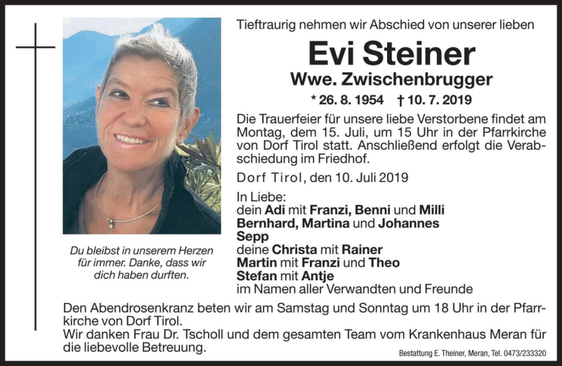  Traueranzeige für Evi Zwischenbrugger vom 12.07.2019 aus Dolomiten