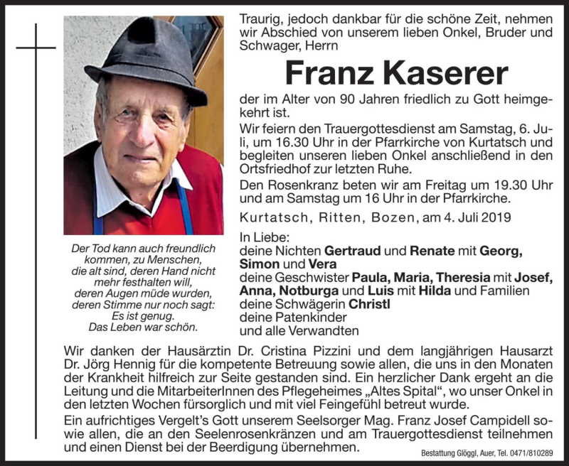  Traueranzeige für Franz Kaserer vom 05.07.2019 aus Dolomiten