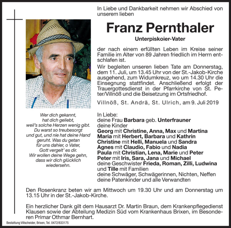  Traueranzeige für Franz Pernthaler vom 10.07.2019 aus Dolomiten