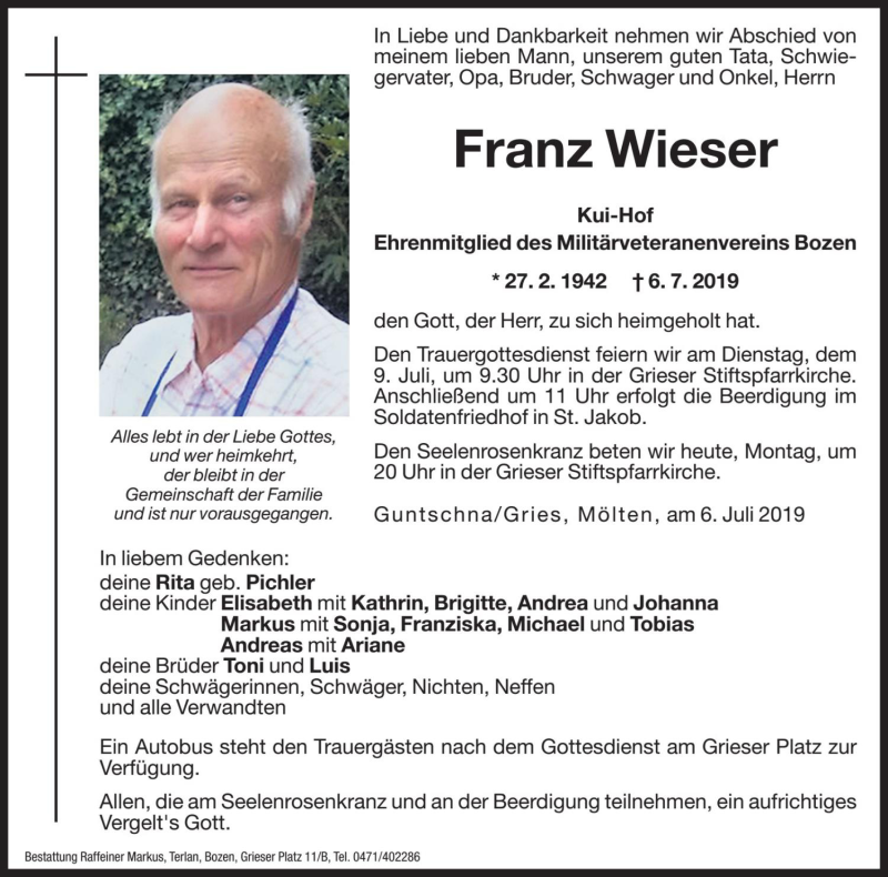  Traueranzeige für Franz Wieser vom 08.07.2019 aus Dolomiten