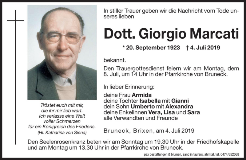  Traueranzeige für Giorgio Marcati vom 06.07.2019 aus Dolomiten