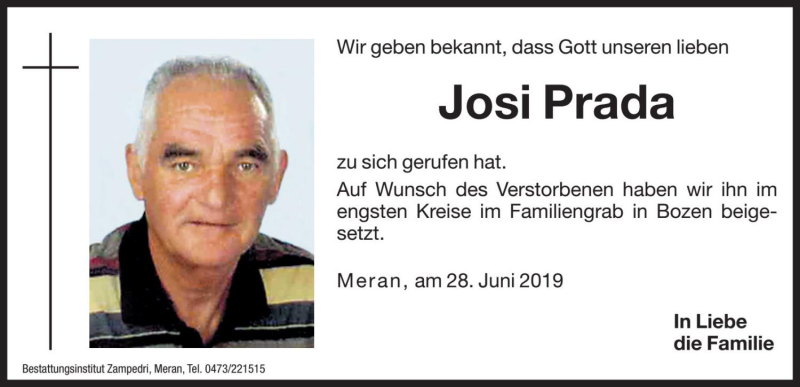  Traueranzeige für Josi Prada vom 05.07.2019 aus Dolomiten