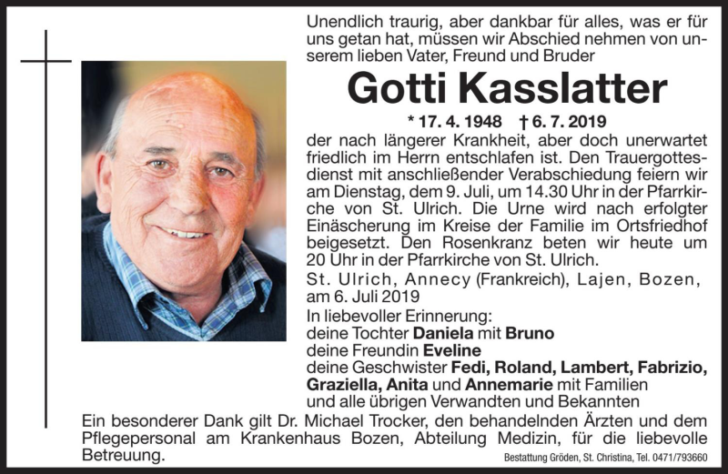  Traueranzeige für Gotti Kasslatter vom 08.07.2019 aus Dolomiten