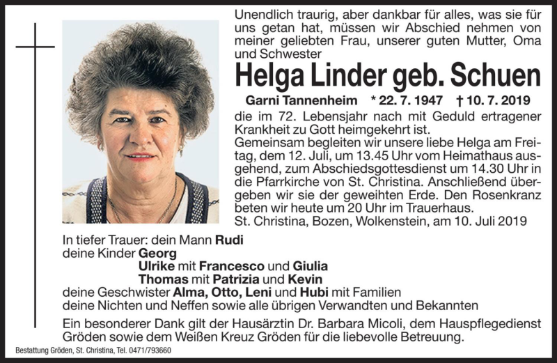  Traueranzeige für Helga Linder vom 11.07.2019 aus Dolomiten