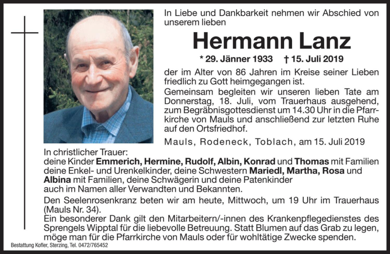  Traueranzeige für Hermann Lanz vom 17.07.2019 aus Dolomiten