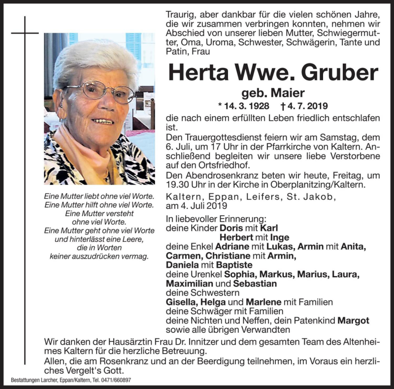  Traueranzeige für Herta Gruber vom 05.07.2019 aus Dolomiten