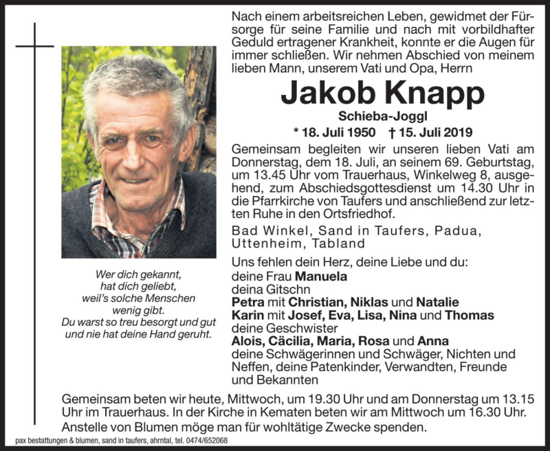  Traueranzeige für Jakob Knapp vom 17.07.2019 aus Dolomiten
