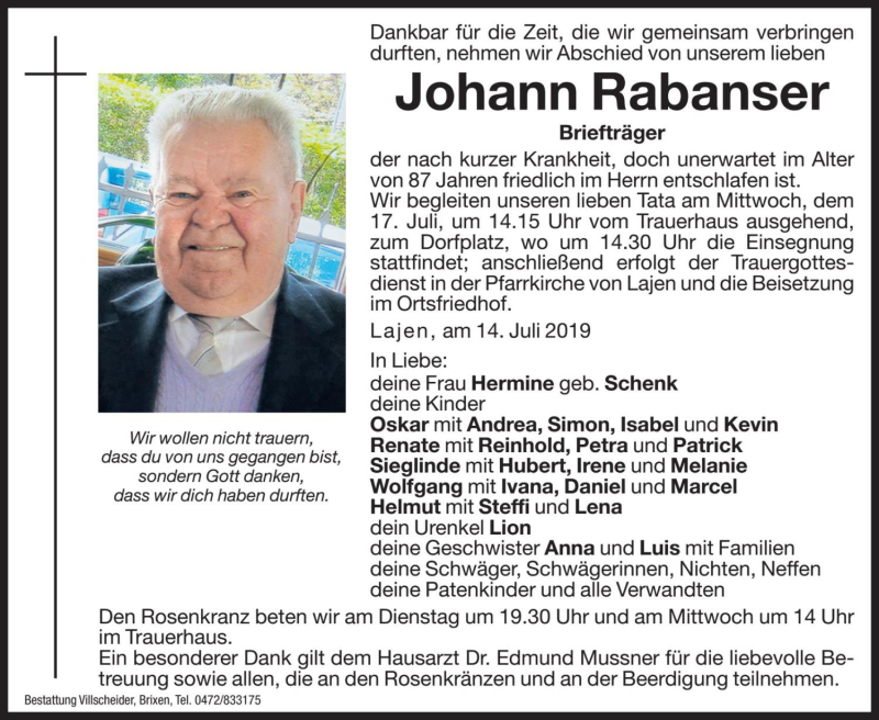  Traueranzeige für Johann Rabanser vom 16.07.2019 aus Dolomiten