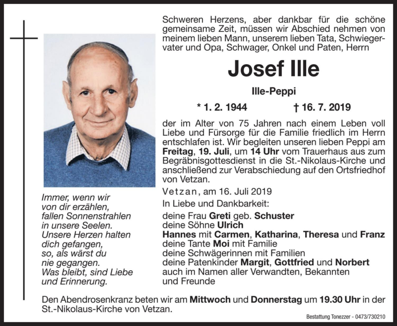  Traueranzeige für Josef Ille vom 17.07.2019 aus Dolomiten