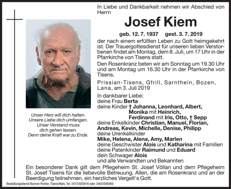  Traueranzeige für Josef Kiem vom 06.07.2019 aus Dolomiten