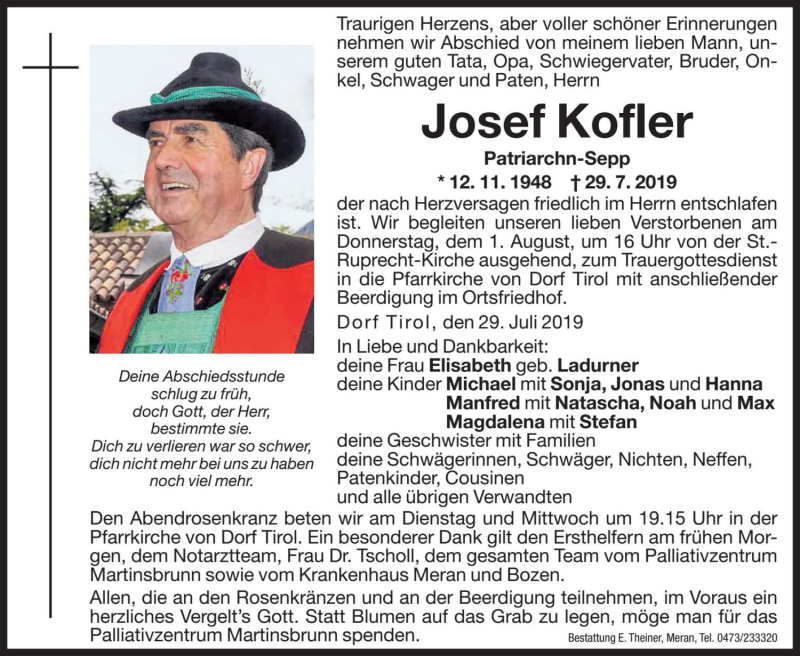  Traueranzeige für Josef Kofler vom 30.07.2019 aus Dolomiten