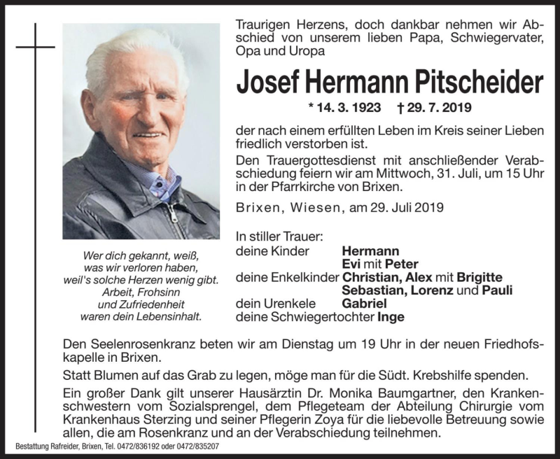  Traueranzeige für Josef Hermann Pitscheider vom 30.07.2019 aus Dolomiten