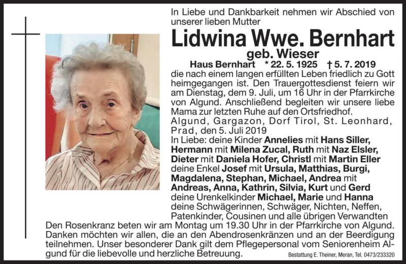  Traueranzeige für Lidwina Bernhart vom 08.07.2019 aus Dolomiten