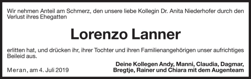  Traueranzeige für Lorenzo Lanner vom 05.07.2019 aus Dolomiten