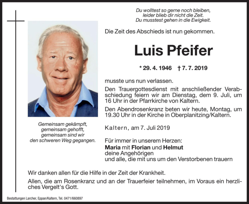  Traueranzeige für Luis Pfeifer vom 08.07.2019 aus Dolomiten