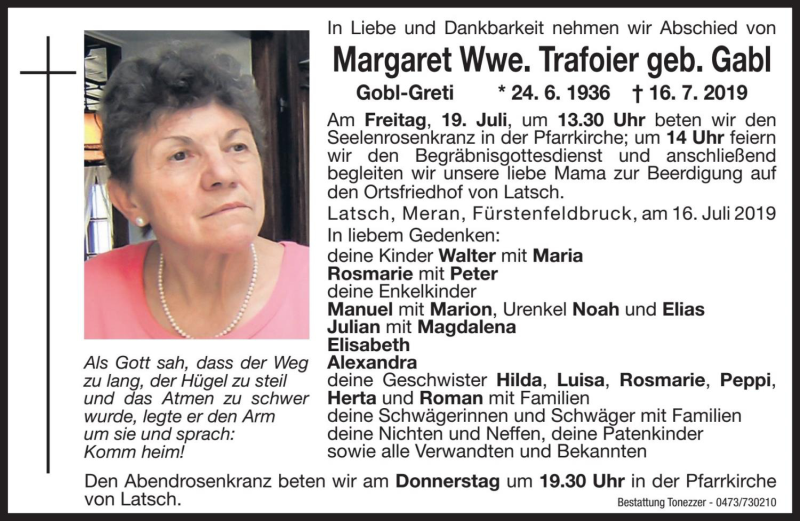  Traueranzeige für Margaret Trafoier vom 17.07.2019 aus Dolomiten