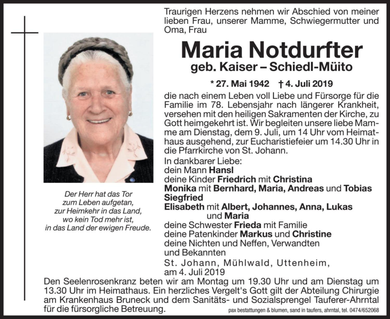  Traueranzeige für Maria Notdurfter vom 08.07.2019 aus Dolomiten