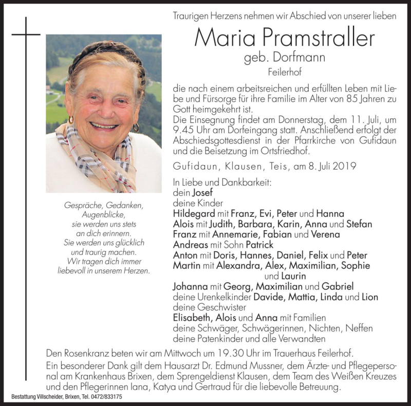  Traueranzeige für Maria Pramstraller vom 10.07.2019 aus Dolomiten