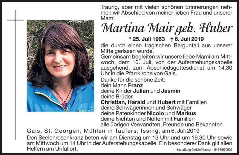  Traueranzeige für Martina Mair vom 09.07.2019 aus Dolomiten
