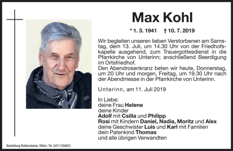  Traueranzeige für Max Kohl vom 11.07.2019 aus Dolomiten