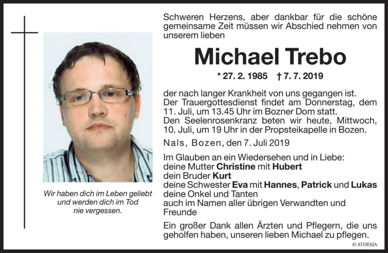  Traueranzeige für Michael Trebo vom 10.07.2019 aus Dolomiten