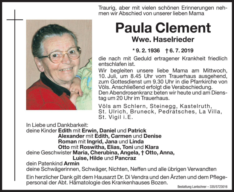  Traueranzeige für Paula Haselrieder vom 08.07.2019 aus Dolomiten