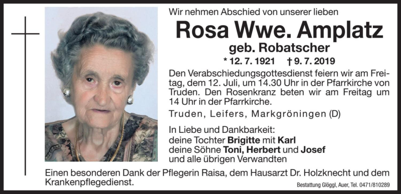  Traueranzeige für Rosa Amplatz vom 11.07.2019 aus Dolomiten