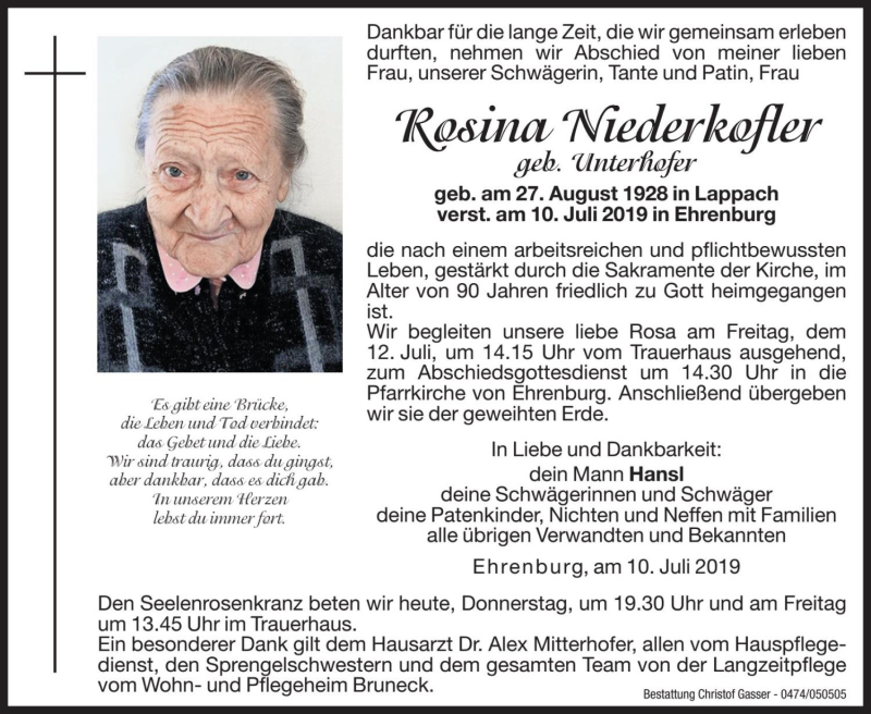  Traueranzeige für Rosina Niederkofler vom 11.07.2019 aus Dolomiten