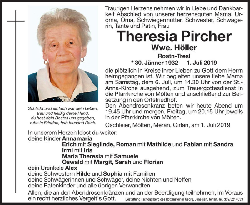  Traueranzeige für Theresia Höller vom 04.07.2019 aus Dolomiten