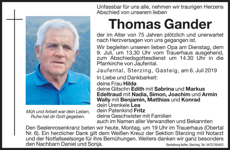  Traueranzeige für Thomas Gander vom 08.07.2019 aus Dolomiten