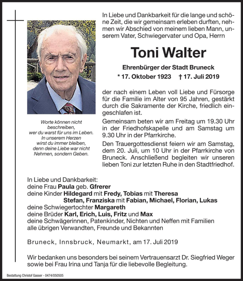  Traueranzeige für Toni Walter vom 19.07.2019 aus Dolomiten