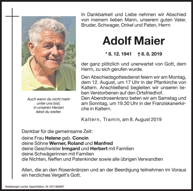  Traueranzeige für Adolf Maier vom 09.08.2019 aus Dolomiten