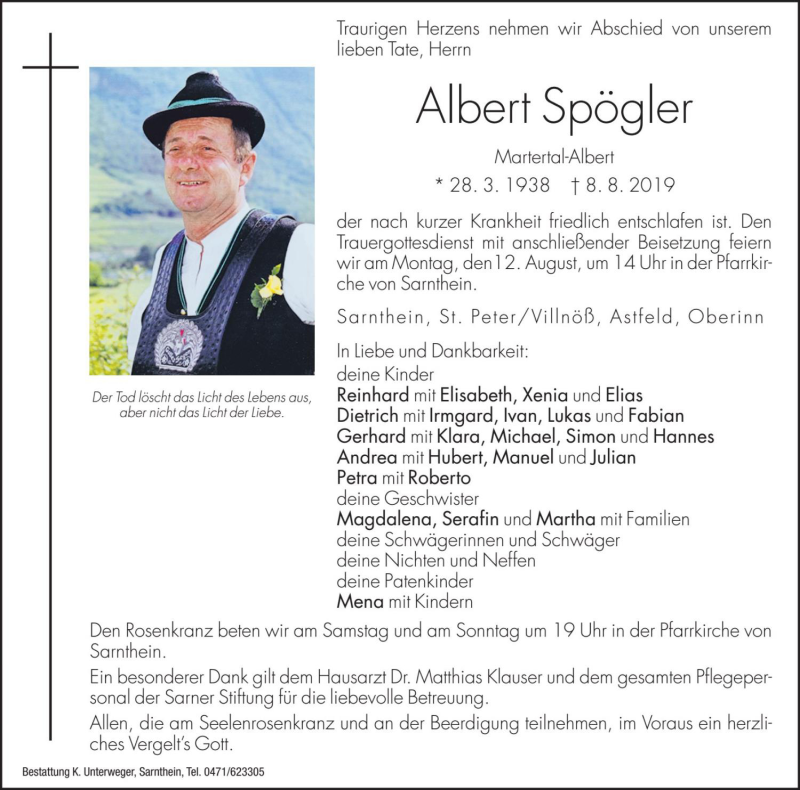 Traueranzeige für Albert Spögler vom 10.08.2019 aus Dolomiten