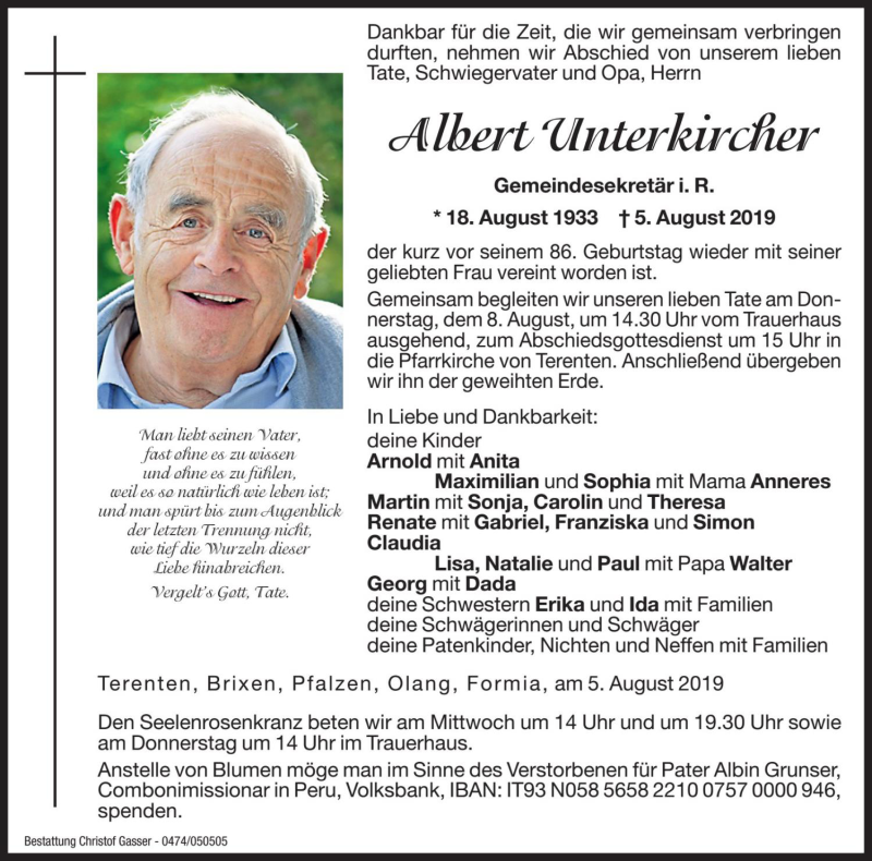  Traueranzeige für Albert Unterkircher vom 07.08.2019 aus Dolomiten
