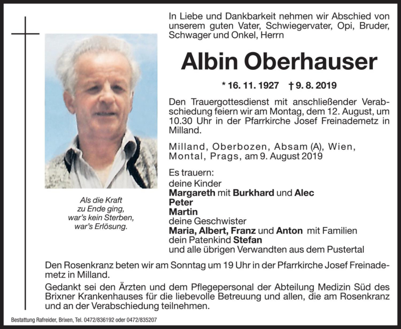  Traueranzeige für Albin Oberhauser vom 10.08.2019 aus Dolomiten