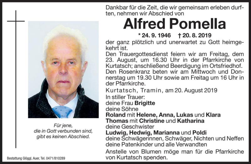  Traueranzeige für Alfred Pomella vom 21.08.2019 aus Dolomiten