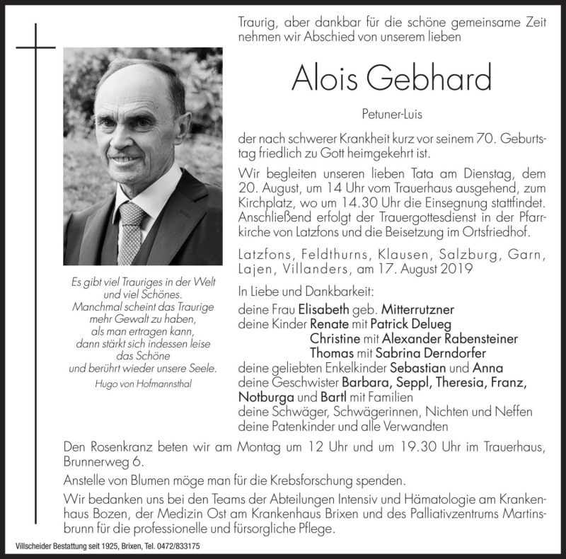  Traueranzeige für Alois Gebhard vom 19.08.2019 aus Dolomiten