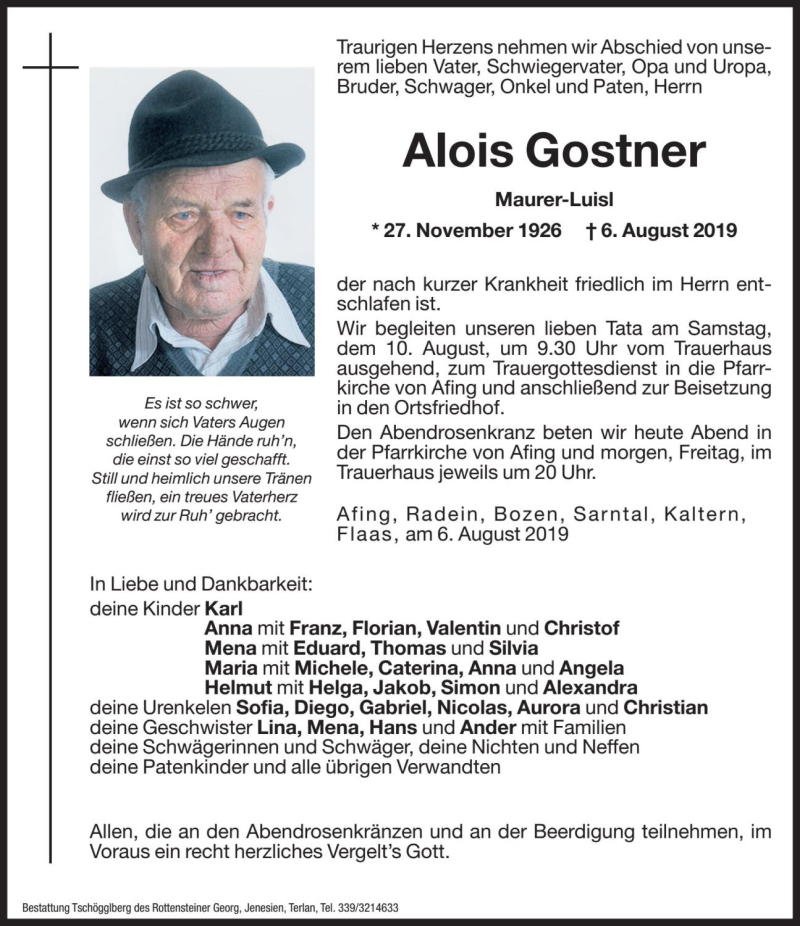  Traueranzeige für Alois Gostner vom 08.08.2019 aus Dolomiten
