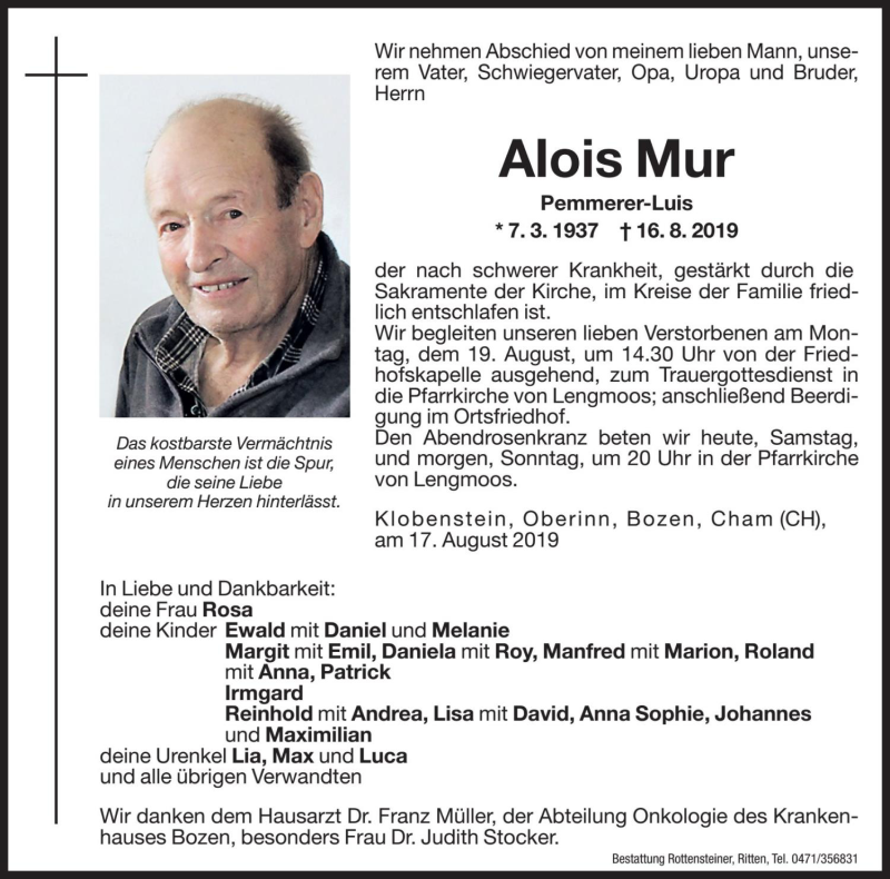  Traueranzeige für Alois Mur vom 17.08.2019 aus Dolomiten