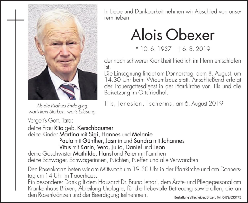  Traueranzeige für Alois Obexer vom 07.08.2019 aus Dolomiten
