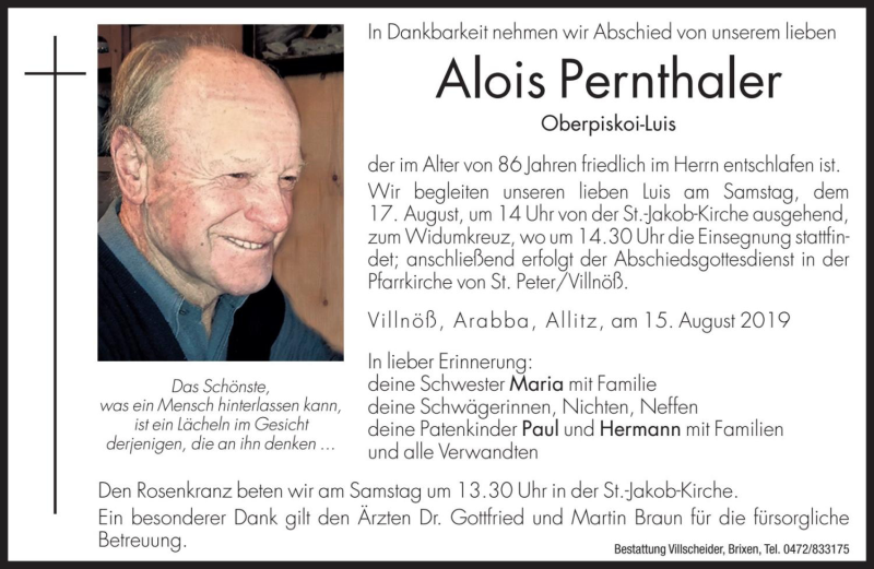  Traueranzeige für Alois Pernthaler vom 17.08.2019 aus Dolomiten