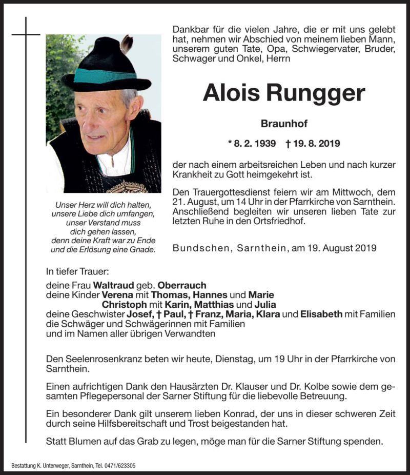  Traueranzeige für Alois Rungger vom 20.08.2019 aus Dolomiten