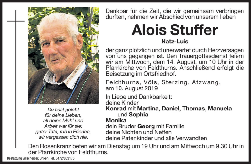  Traueranzeige für Alois Stuffer vom 13.08.2019 aus Dolomiten