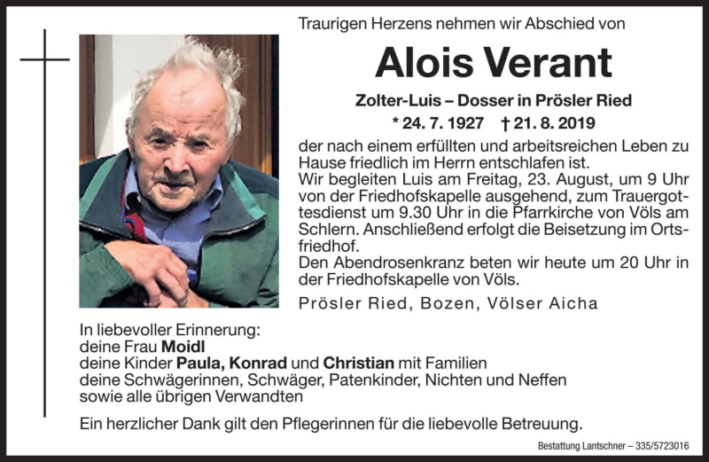  Traueranzeige für Alois Verant vom 22.08.2019 aus Dolomiten