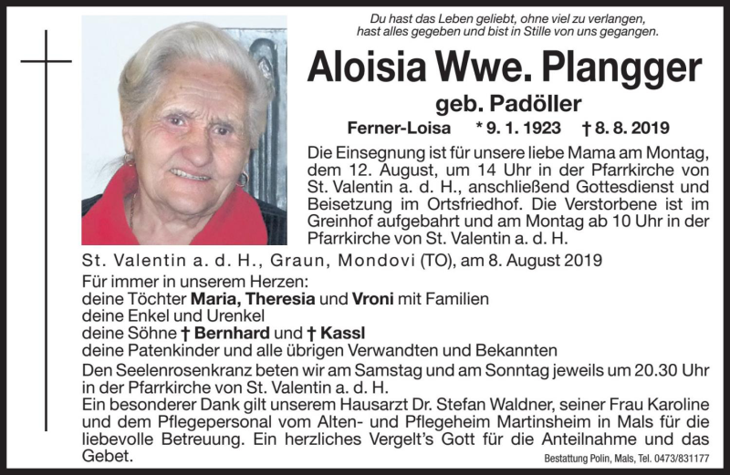  Traueranzeige für Aloisia Plangger vom 10.08.2019 aus Dolomiten