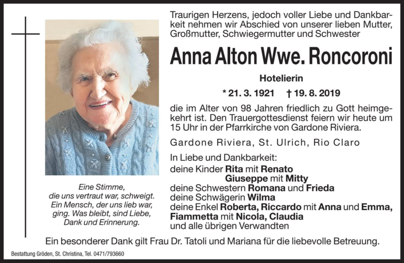  Traueranzeige für Anna Roncordoni vom 21.08.2019 aus Dolomiten