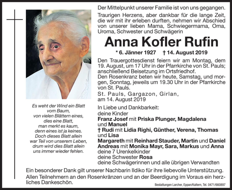  Traueranzeige für Anna Rufin vom 17.08.2019 aus Dolomiten