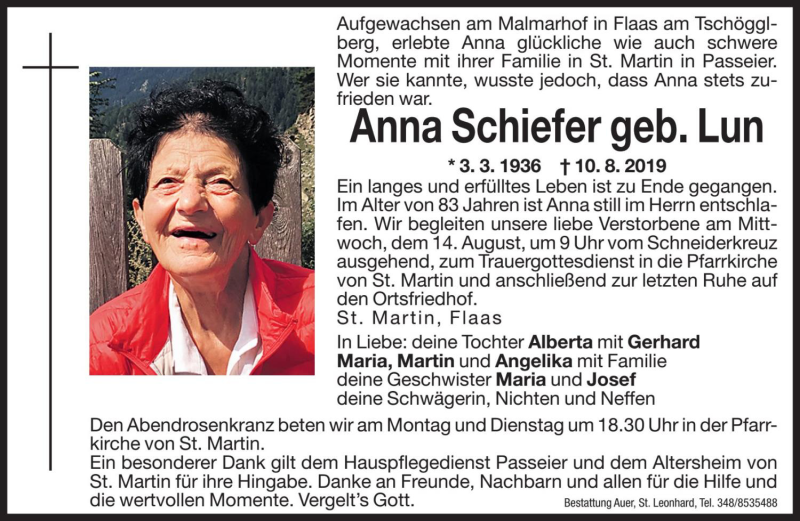  Traueranzeige für Anna Schiefer vom 12.08.2019 aus Dolomiten