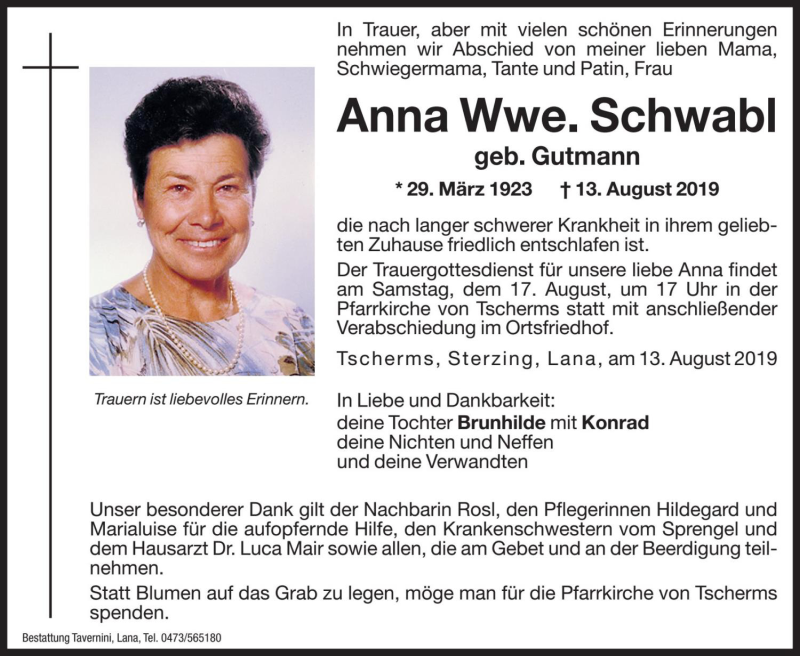  Traueranzeige für Anna Schwabl vom 17.08.2019 aus Dolomiten